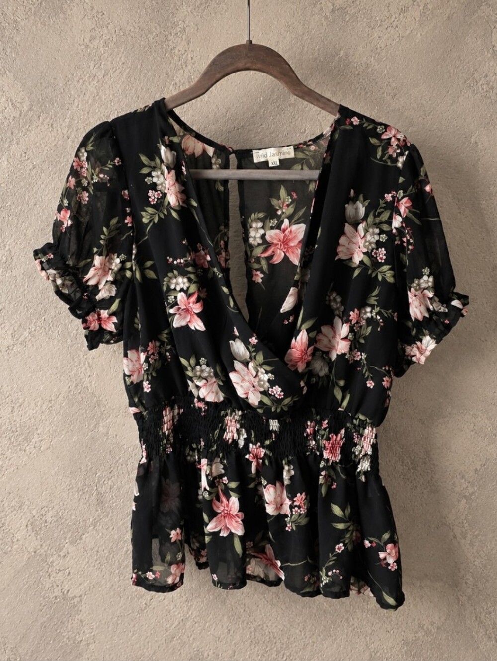 Wild Jasmine Black Floral Wrap Blouse with Smocked Waist